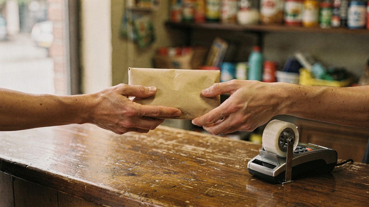 Au comptoir d’un commerce, deux mains se passent un colis kraft sans marquage