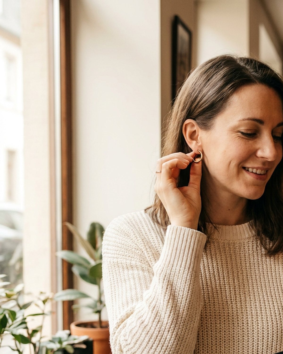 Une femme met une créole, dans un café, la main levée vers l’oreille